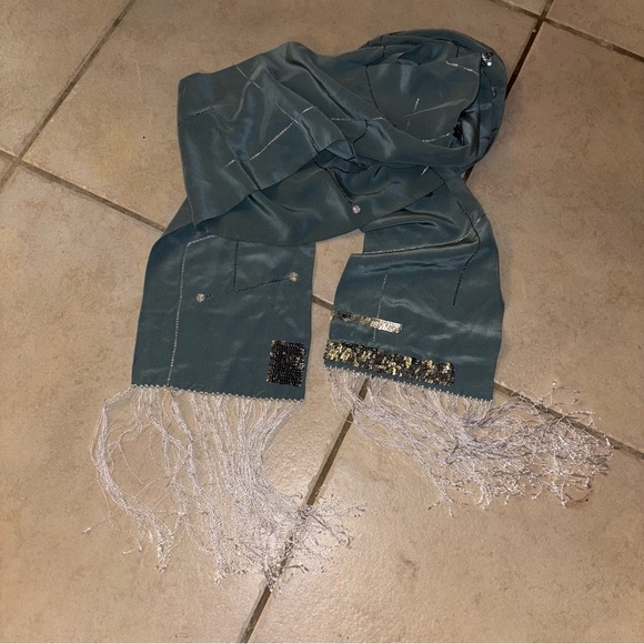 Banana Republic Accessories - Banana Republic Silk Fringe Scarf
Sequence Wrap Blue Gray 82 inches